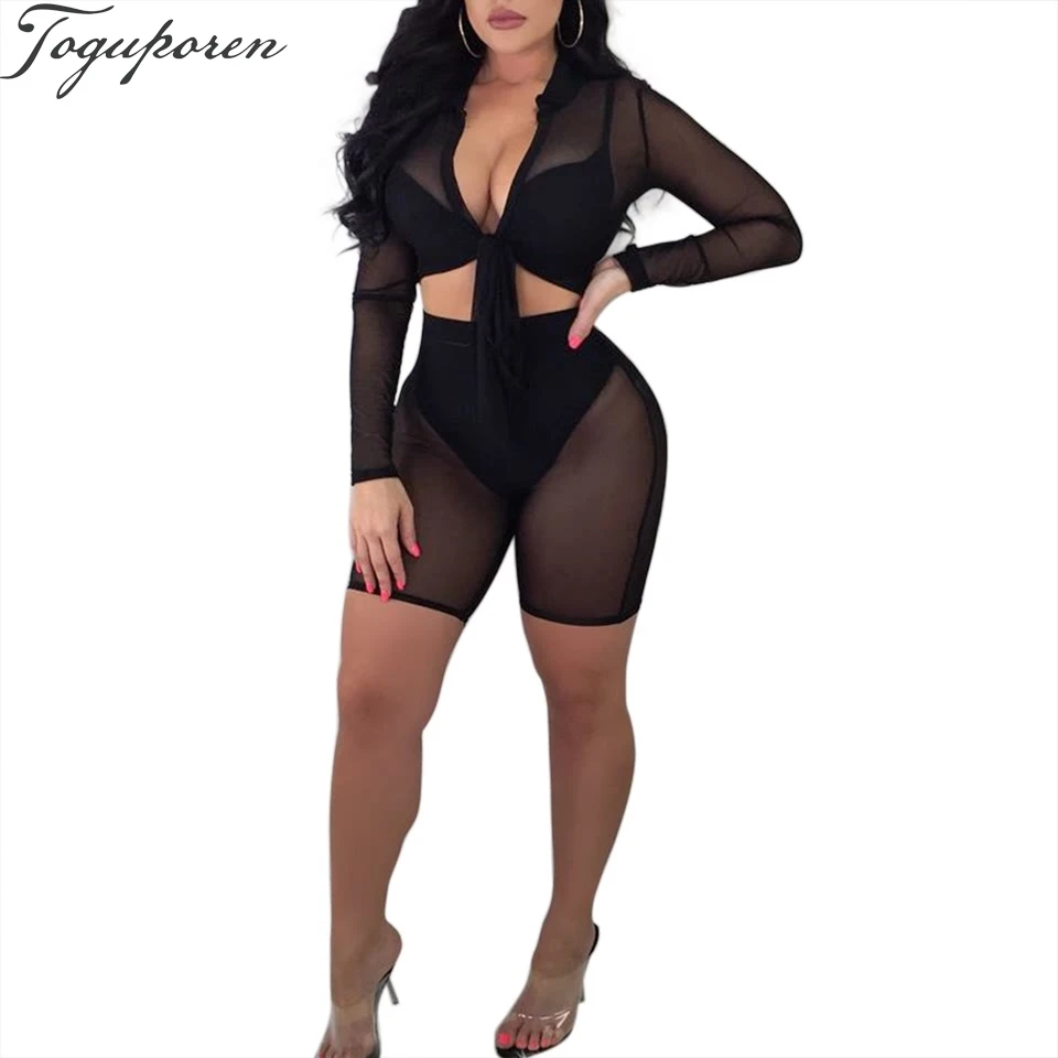 

Women Mesh 2 Pieces Set Fashion Skinny Lace up Deep V neck Long Sleeve Sexy Crop Top + Short Pants