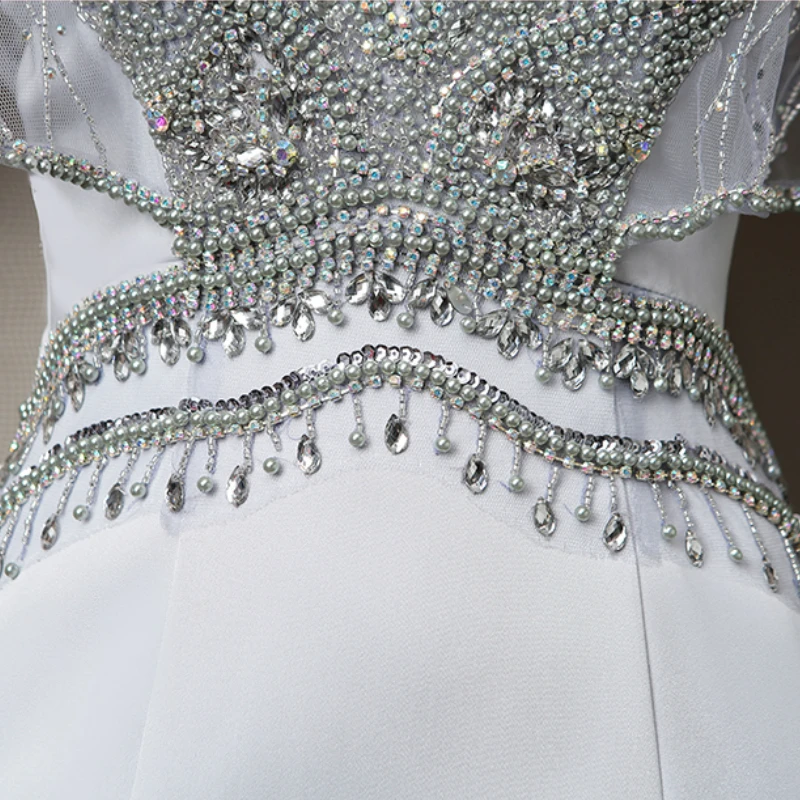 Роскошные v образным вырезом Кристалл Бисер Vestidos De Festa блестки спинки Русалка