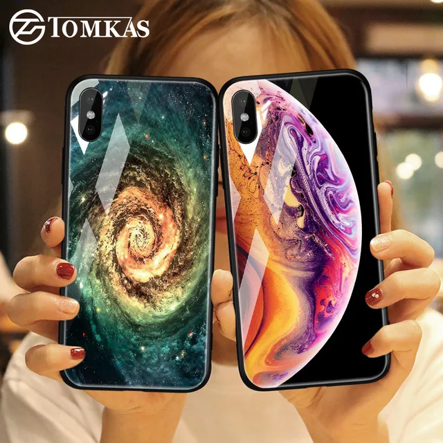 Best Price TOMKAS Tempered Glass Case For iPhone XS Max XR XS Silicone Stars Space Cover Phone Case For iPhone X 10 XS XR Luxury Cases TPU 