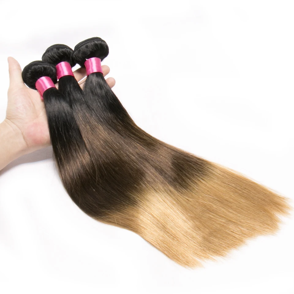Chloe Hair Color 1B/4/27 Brazilian Straight Hair Weave 1 Piece Ombre Extensions Three Tone No Remy Bundles 10-26inch