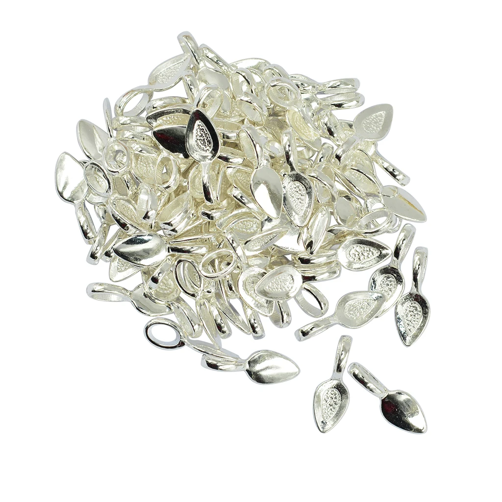 100Pcs Drop Leaf Glue on 21mm Bail Pendant Cabochon DIY Jewelry Silver White
