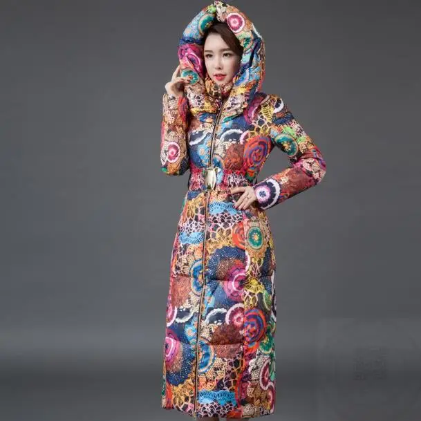 

Women Winter Jacket Women Hooded Long printed cotton-padded coat