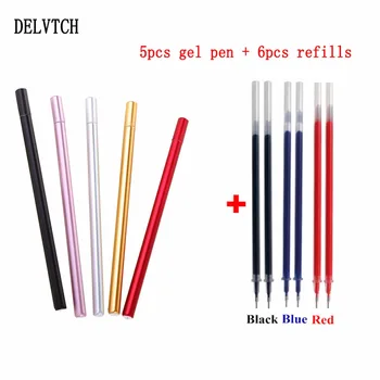 

DELVTCH 5colors/set Portable 0.5mm Gel Pen And 6pcs Pen Refill Student School Office Stationery Writing Painting Metal Pens Gift