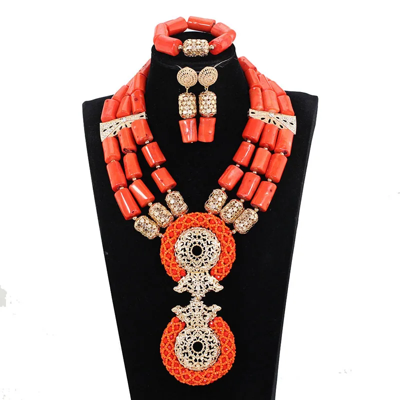 

Original Coral and Gold Luxury African Real Coral Beads Wedding Jewelry Sets Women Costume Statement Pendant Necklace Set ABH680