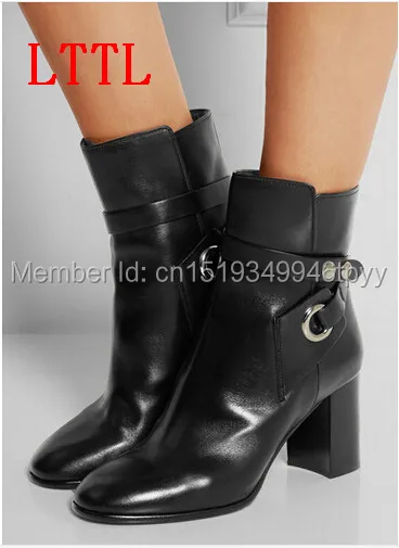 

2016 New Arrival Women Ankle Boots Black Leather Boots Buckle Shoes Thick High Heel Motorcycle Boots