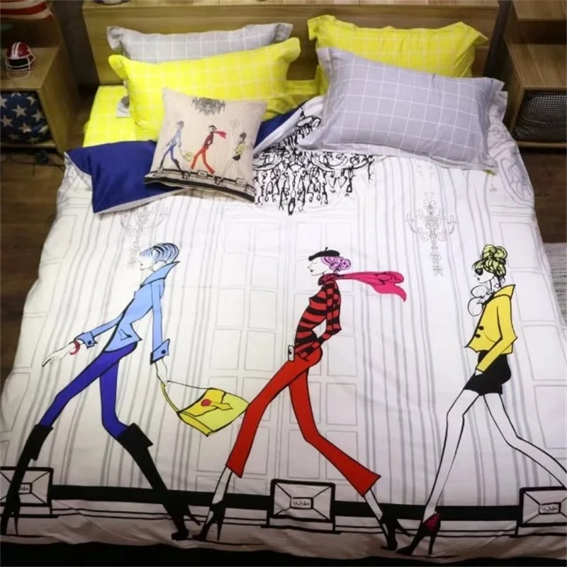 

Modern Girls Bedding Set Queen Size Duvet Cover Flat Bedsheets with Pillow Case Pure Cotton Printed Bedroom Sets