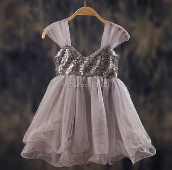 

New Children Kids Fairy Sequined Ruffles Mesh Dresses, Princess Girls Cute Fashion Grey Party Clothing 5 pcs/lot, Wholesale