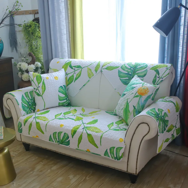 1 piece Cotton Sofa Cover Towel Green Leaves Printing Non Slip Sofa Towel Mats Slipcover Seat