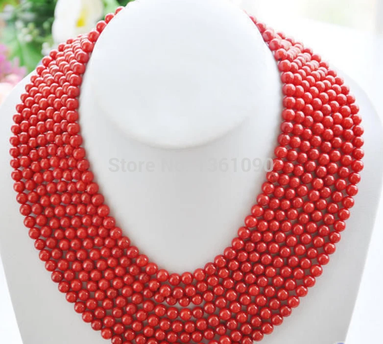 

003509 Real 8row 16"~22" 6MM round red coral bead necklace