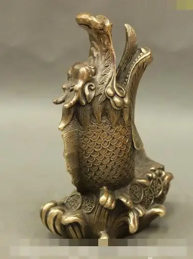 

S1446 6" Chinese FengShui Bronze Copper Exorcism Dragon Fish On Wealth Coin Statue Set discount 30% (C0324)