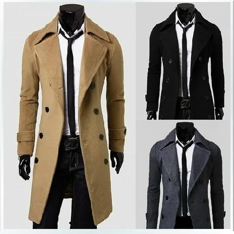 2015 Winter Men's UK Style pea High Quality Woolen Trench