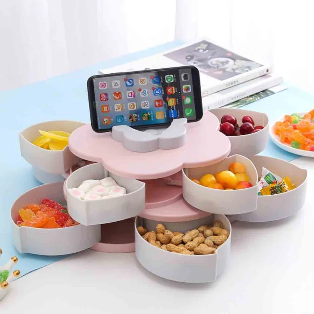 

New Petal-shape Rotating Candy Storage Box Flower Petal Shaped Dried Fruit Plate Nuts Snack Dessert Dish Container Phone Holder