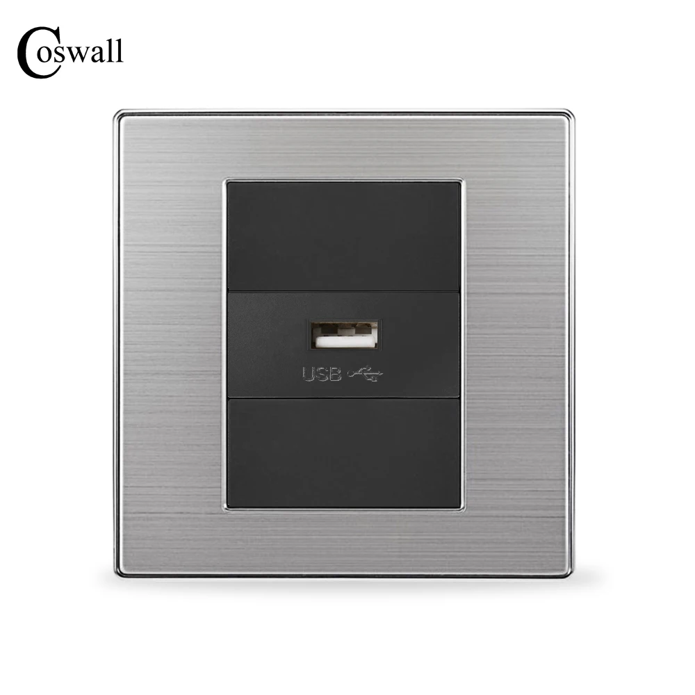 

COSWALL Single USB Charge Port For Mobile 5V 2.1A Output Luxury Wall Power Socket Stainless Steel Brushed Silver Panel