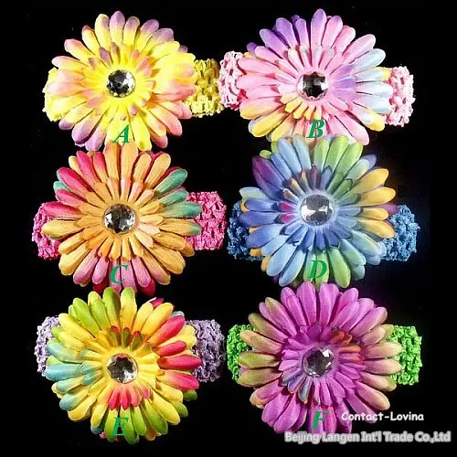 

Promotion 12 Pieces Rainbow +clip+headband /lot 4inch rainbow Gerbera Daisy Children Head Accessories