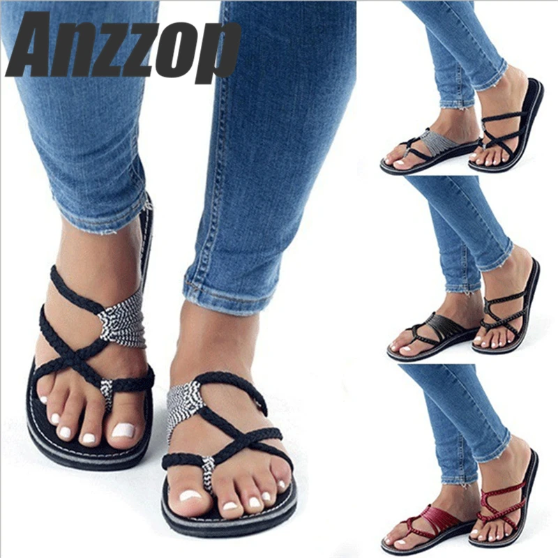 

ANZZOP 2019 summer Europe and the United States beach open toe flat casual toe slippers female explosion models large knot knot