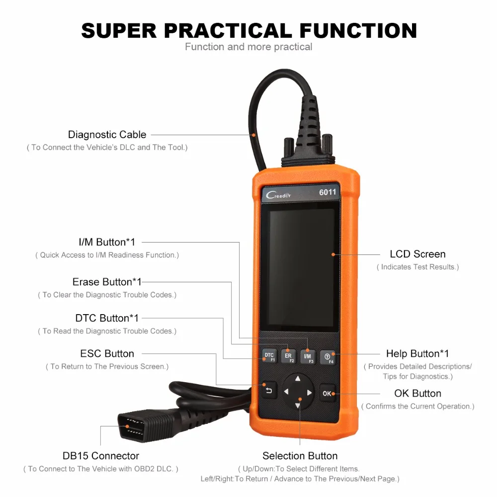 Launch DIY диагностический инструмент CReader 6011 OBD2/EOBD Авто код сканер с ABS и SRS системы диагностические функции