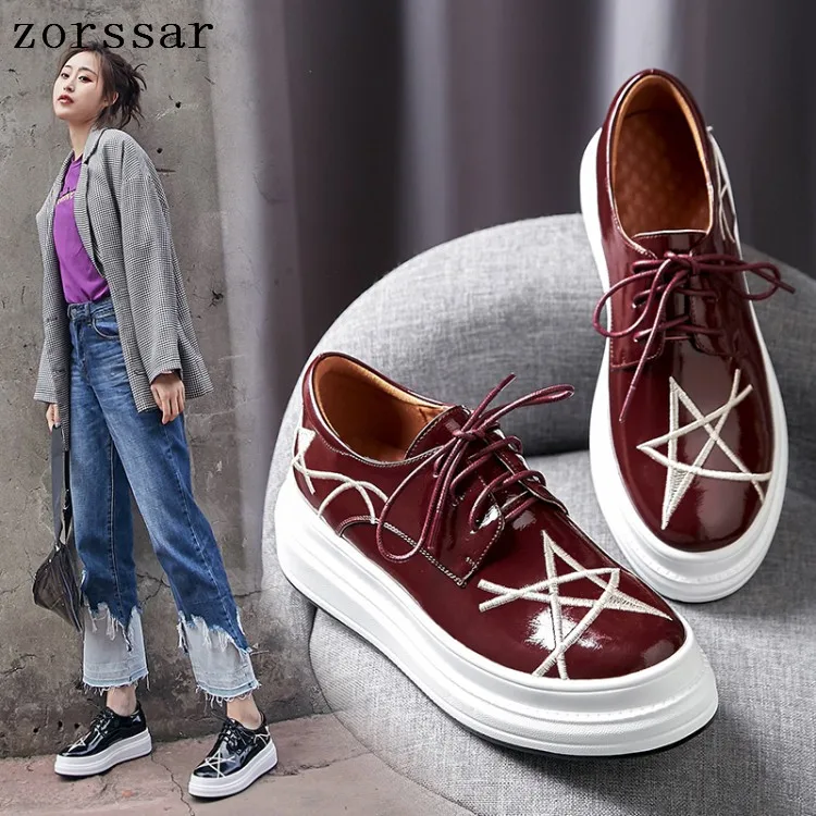 

Zorssar 2019 Spring women flats Genuine Leather platform sneakers women Loafers ladies casual lace up flats creepers moccasins