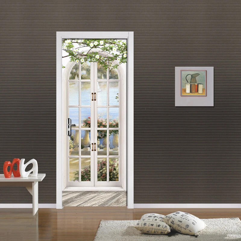 Preise 3D Tür Aufkleber Europäischen Stil Bogen Wandbild Kunst Tapete Poster Tür Aufkleber PVC Selbst Klebe Abnehmbaren Hause Tür Abziehbilder