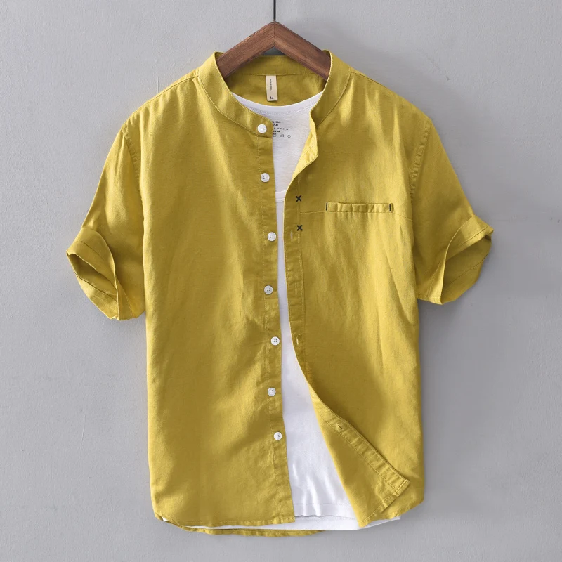 

New arrival short-sleeed linen shirt men brand yellow shirt mens casual fashion shirts male tops cotton shirts men camiseta