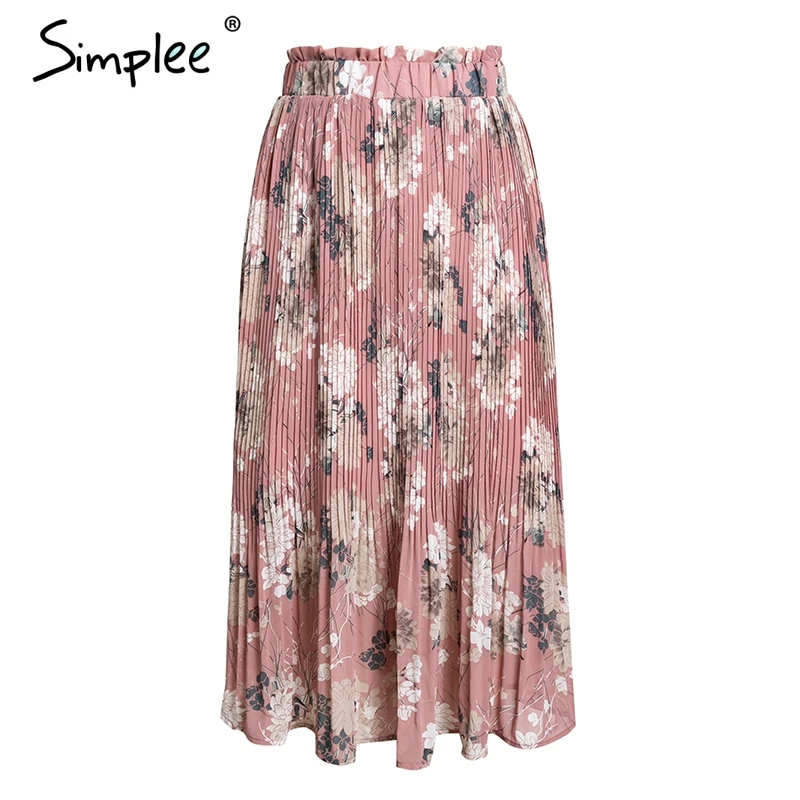 Женская плиссированная летняя миди юбка Simplee, элегантная шифоновая юбка с цветочным принтом, высокой талией и рюшами, женская длинная юбка с подкладкой