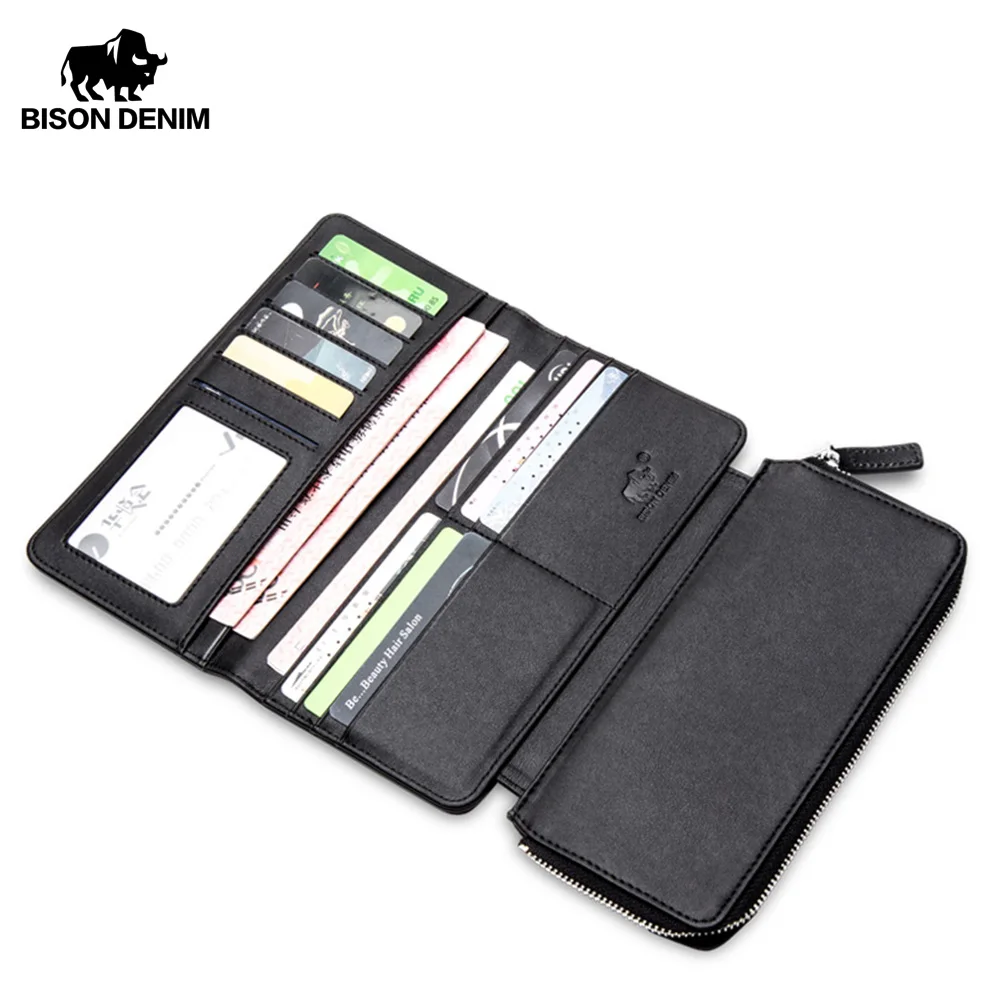 

BISON DENIM NEW Men's Wallet Genuine Leather Long Wallet with Coin Purse Large Capacity Card Holder Luxury Phone Wallet N8221
