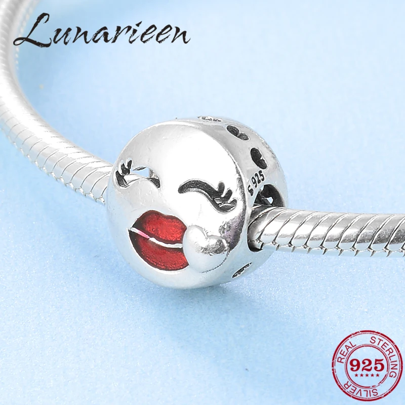 

925 Sterling Silver Cute red lips Hollow eyelashes DIY Enamel round beads Fit Original Pandora Charm Bracelet Jewelry making