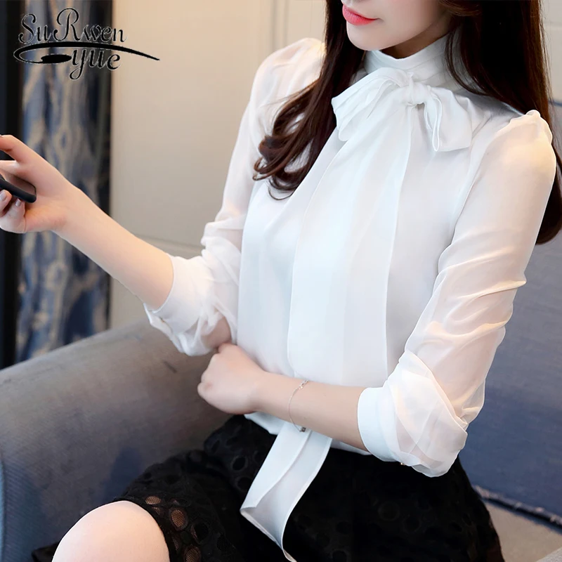 

2019 New Summer Fashion Tunic Women Blouse Shirts Long Sleeve Simple Bow Chiffon White Formal Women White Black Shirts 0599 30