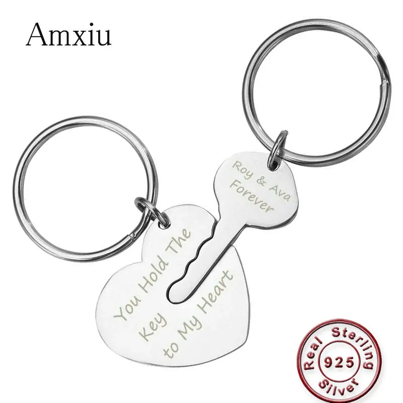 

Amxiu Two Pieces Personalized 925 Silver Key Chains Custom Names Words KeyChains Jewelry For Lovers Women Men Keys Accessories