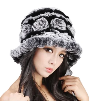 

Real fur fedoras of natural rex rabbit fur flower autumn winter fur hats knitted warm gray red black fur caps H107
