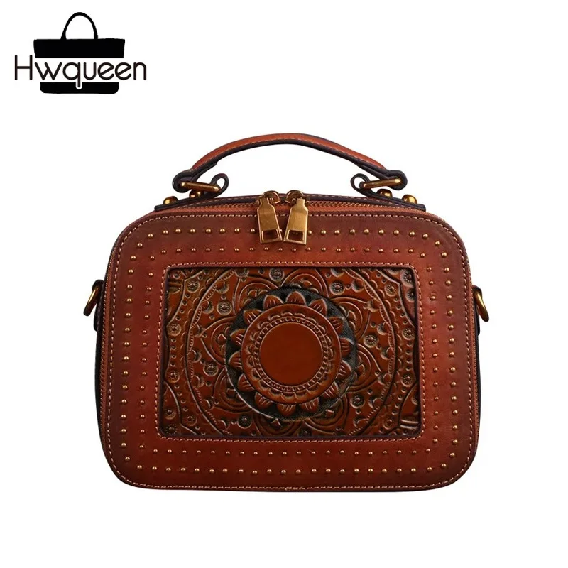 

Embossed Totem Designer Genuine Cow Leather Lady Square Box Purse Vintage Female Cross Shoulder Bag Women's Small Studs Handbag