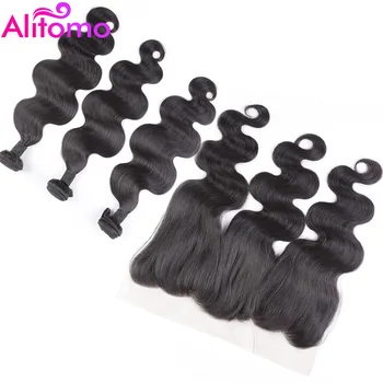

Alitomo Body Wave Bundles With Lace Frontal 13*4 Brazilian Human Hair Bundles With Closure Frontal Remy Hair Extensions