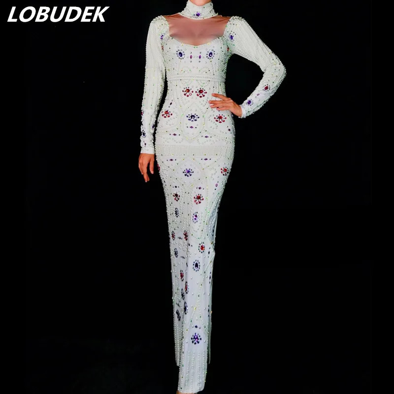 

Women Sexy White Pearl Colorful Rhinestones Skinny Long Dress Luxurious Outfit Prom Party Singer Nightclub Catwalk Stage Costume