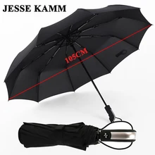 JESSE KAMM New Fully automatic Three Folding Male Commercial Compact Large Strong Frame Windproof 10Ribs Gentle