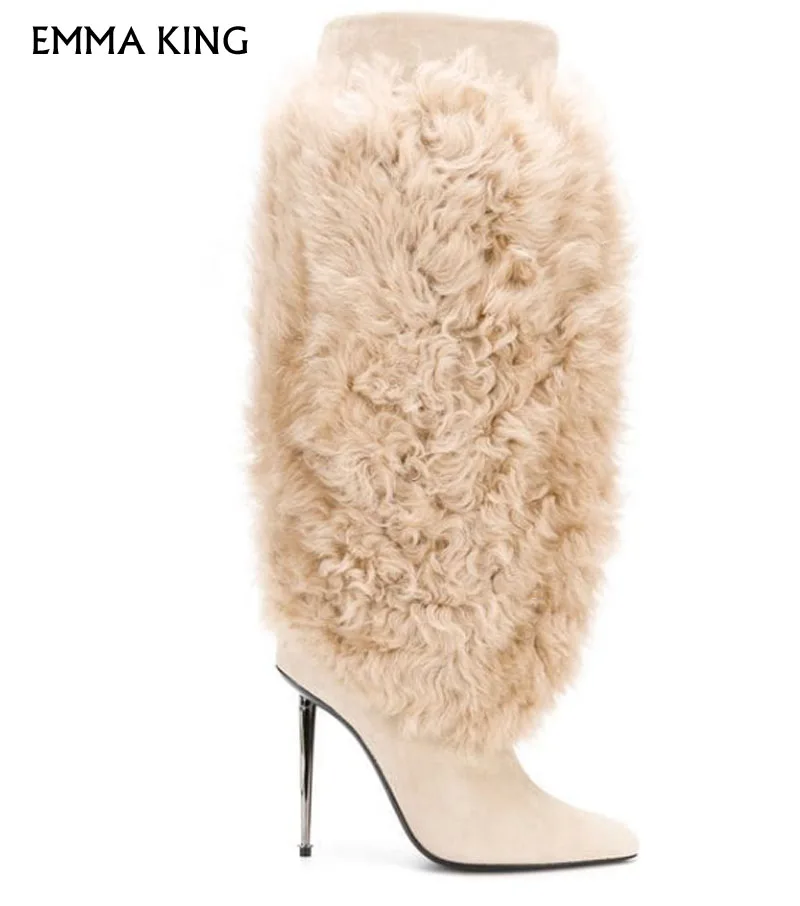 

Autumn/ Winter Suede Shearling Mid-calf Length Boots Pull-on Style Pointed Toe High Stiletto Heel Botas Mujer Dress Shoes Woman