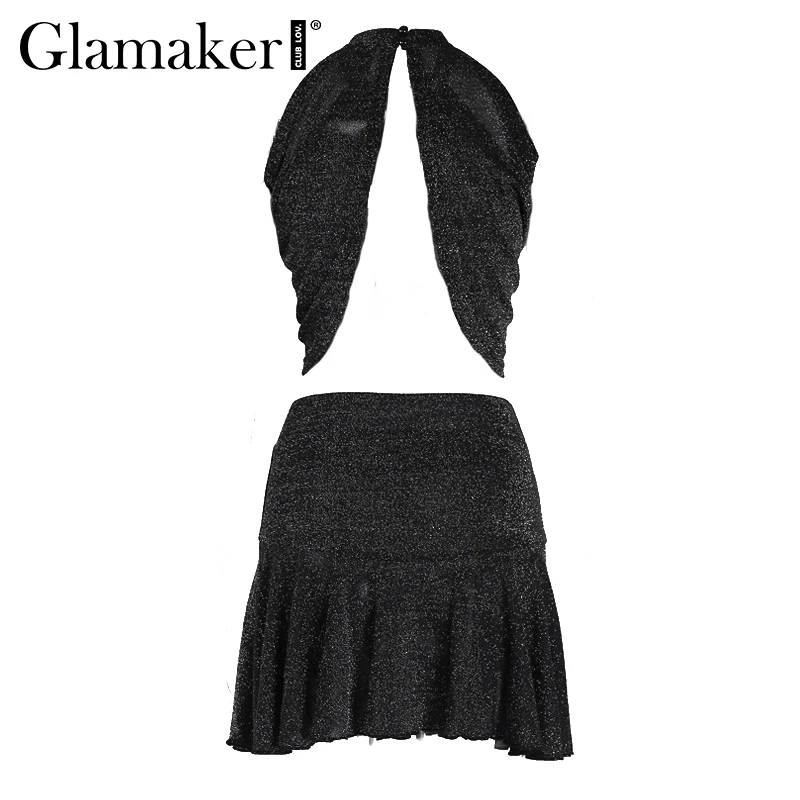Glamaker люрекс сексуальный костюм из двух частей облегающее платье женское черное мини-платье с бретелькой без рукавов женские элегантные вечерние летнее платье для вечеринок