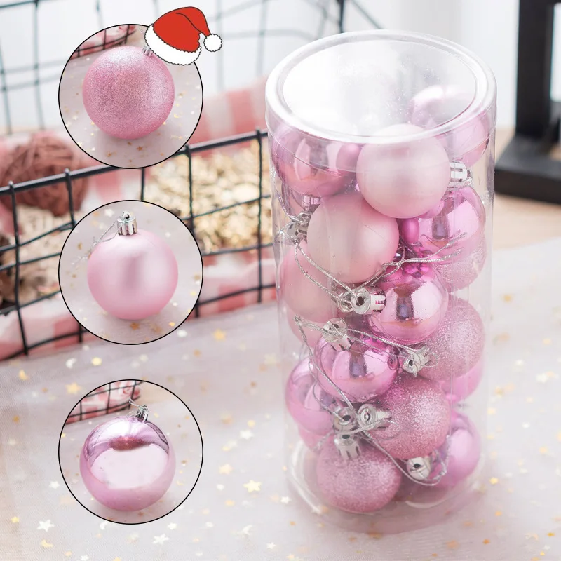 

24PCS 2019 Christmas New Year Pink Cute Christmas Tree Decorations Glitter Balls Tree Hanging Pendants Festival Home Decor