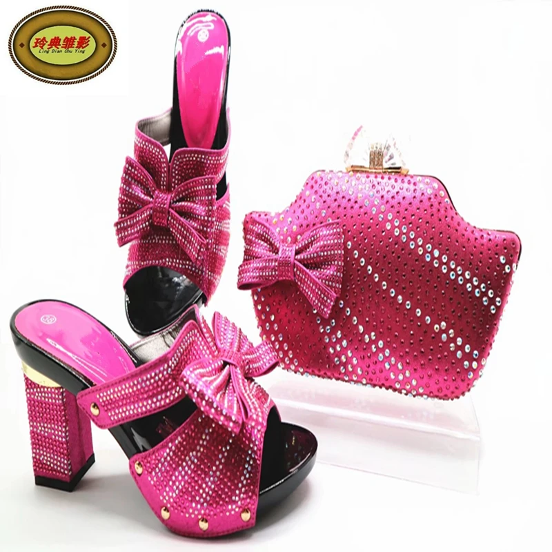 

G52 2018 Fuchsia Upscale Woman Sandals Heels With Bag Latest African Wedding Dress Shoes And Bag Set On Sale