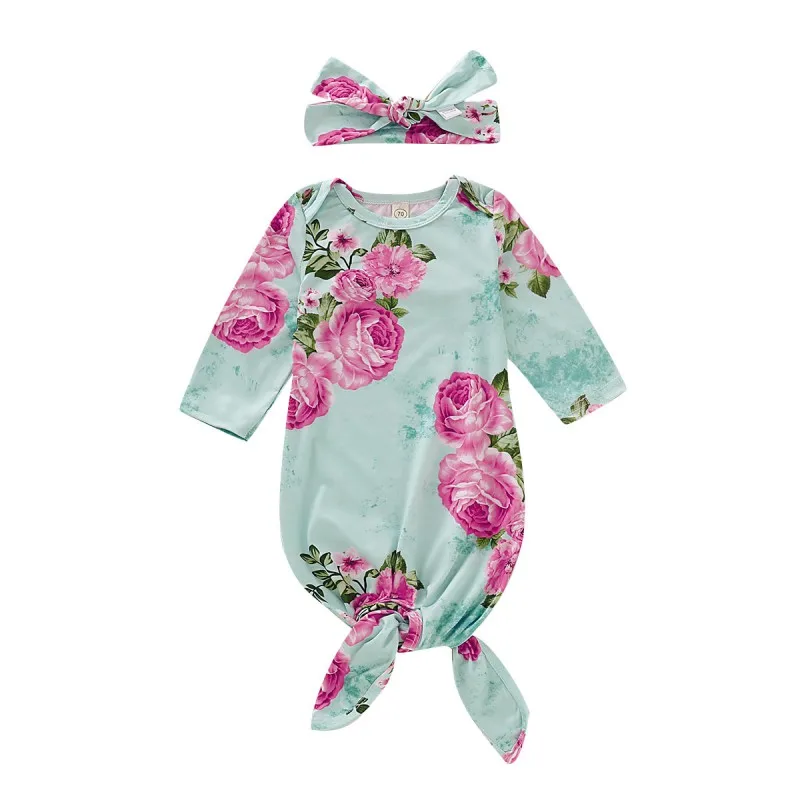 Одежда для малышей; Осенний комбинезон с длинными рукавами для маленьких девочек; хлопковая одежда для сна с цветочным принтом + повязка на