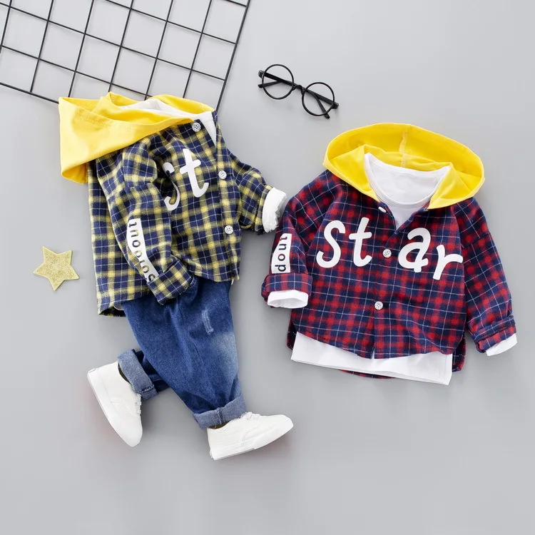 Комплект одежды для мальчиков, Весенний Деловой Костюм Джентльмена из 2 предметов для детей, хлопковая рубашка с капюшоном bebe, детский спортивный костюм в клетку