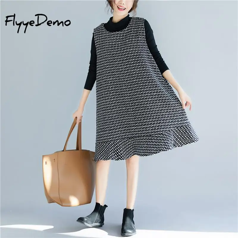 

Women Knee-length Ruffle Dress 2019 Black Plaid Sleeveless Autumn Dress Women Loose Vestidos High Quality Plus Size L - 5XL