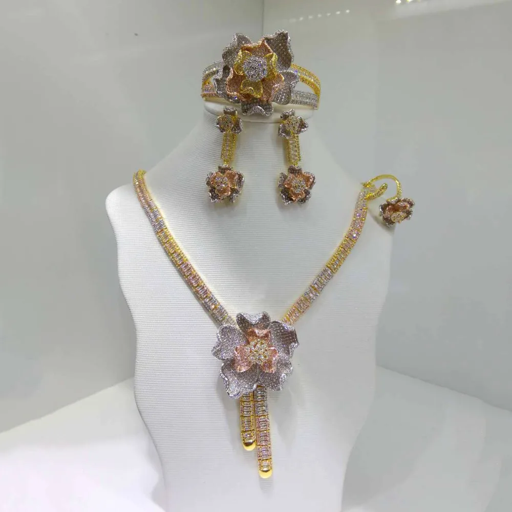 Luxury Bridal Wedding Sets Cubic Zirconia Jewelry Findings dubai gold jewelry African Necklace