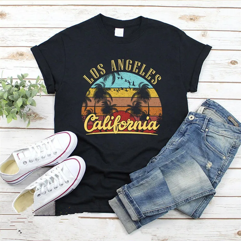 

LOS ANGELES California Letter Print Tshirt Women Beach Landscape Graphic Tees Short Sleeve O-neck Summer T shirt Female T-shirts