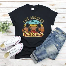 Camiseta con estampado de letras de LOS ANGELES California, camisetas gráficas con paisaje de playa para mujer, camisetas de verano de manga corta con cuello redondo, camisetas femeninas