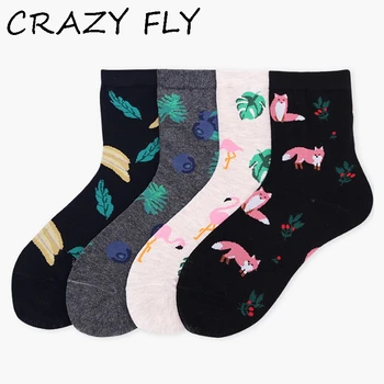 

CRAZY FLY New Cute Tropical Plants Palm Leaves Socks Plantain leaf of Japanese Banana Fox Flamingos Blueberry Funny Socks Women