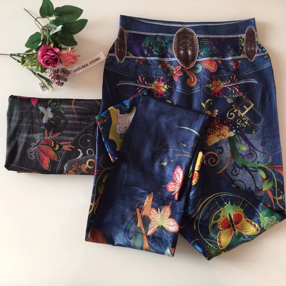 

Real Photo 2018 Women's Spring Autumn elastic Imitation Denim Printed Thin Leggings Jeans Girl Slim Ankle-Length Pencil Pants
