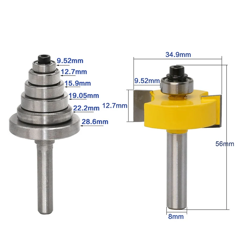 

1 Pc Carbide Rabbet Router Bit Set 7 Bearings Set 8mm Shank For Woodworking