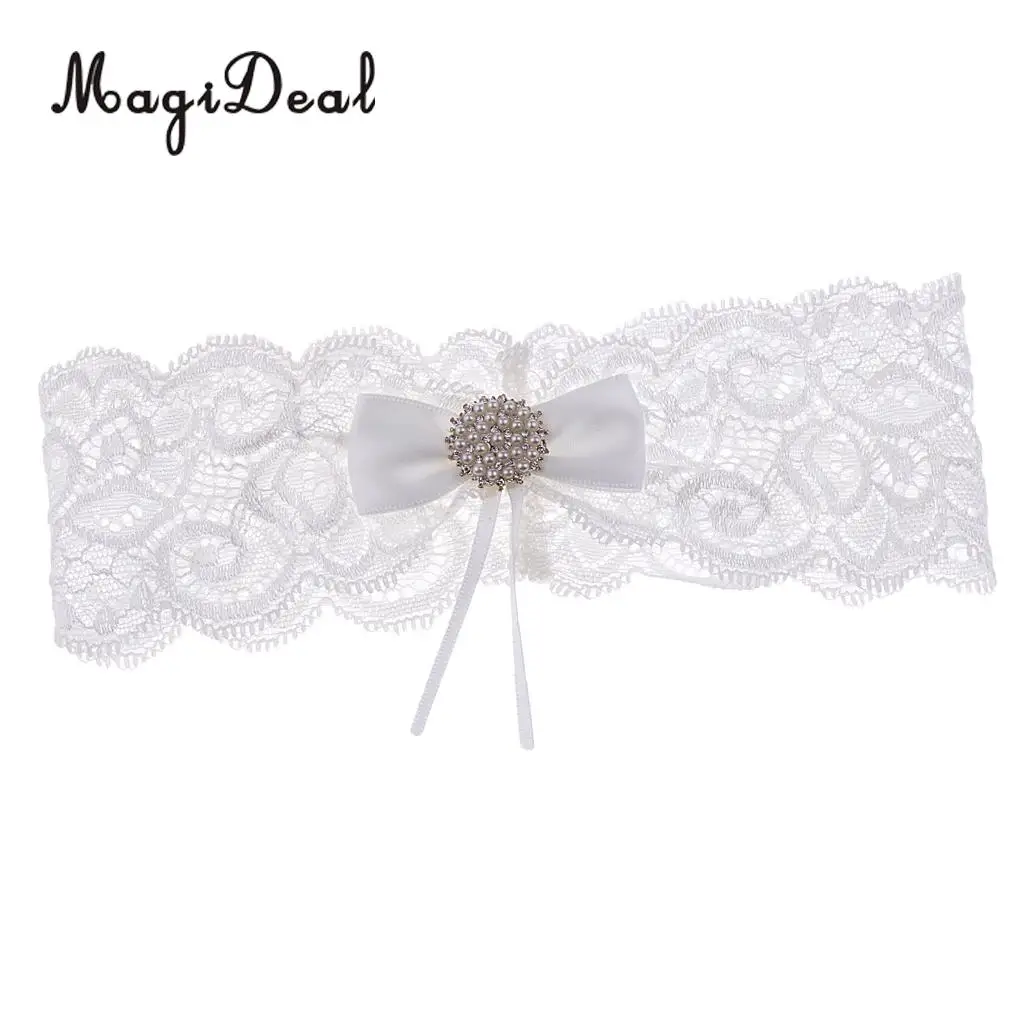 MagiDeal Romantic Wedding Bridal Lace Garter Pearls Rhinestone Bow Garter White