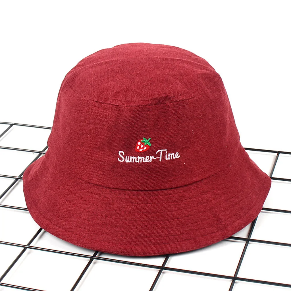 Strawberry Letter Embroidered Folding Fisherman Hat Men Women Bucket Cap Welcome