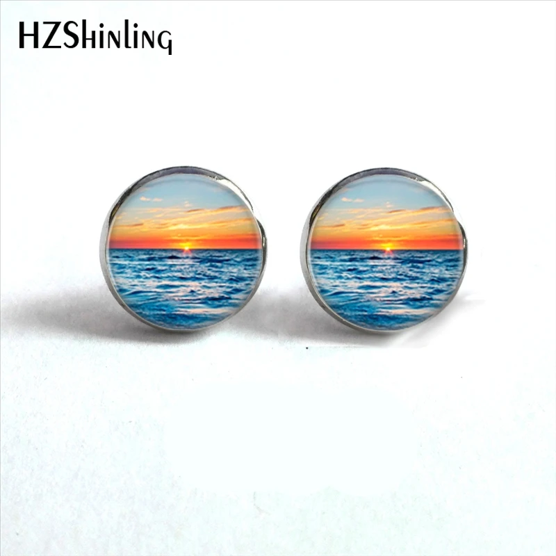 

ED-002 Trendy Beach Jewelry Sunset Stud Earrings Handmade Nautical Ocean Sunset Dolphin Earring Round Glass Dome Jewelry HZ4