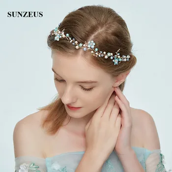 

Blue Flowers Headband with Pearls Gold Bridesmaid Hair Accessories Girls Head Chain Vintage Bridal Wedding Accessories SHA43